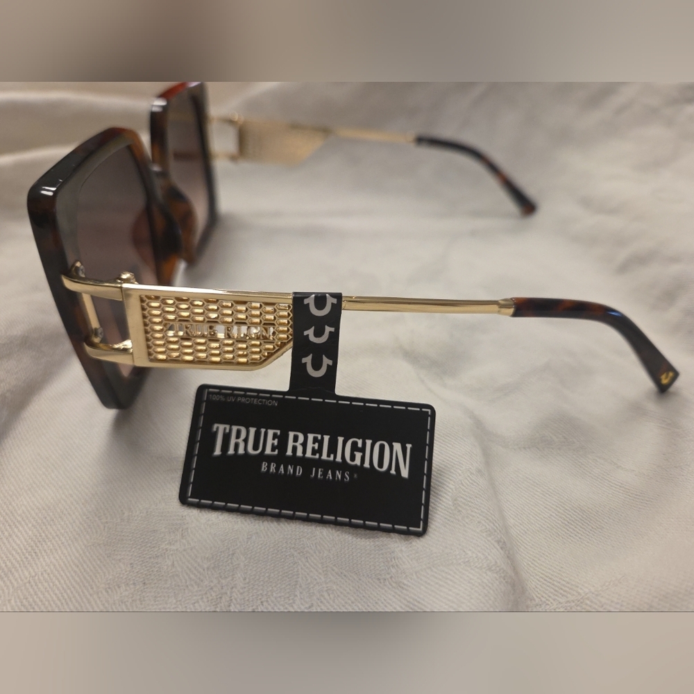 True Religion NEW Square Sunglasses Oversized Logo Tortise Gold Brown UVA - Picture 2 of 8